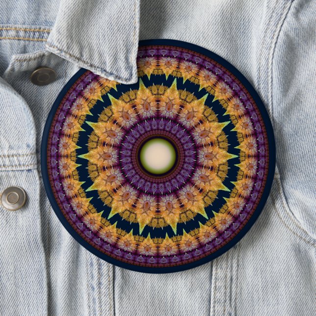Sunny fractal orange blue mandala ornament 6 cm round badge (In Situ)