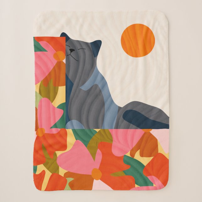 Sunny Garden Cat Sherpa Blanket (Front)