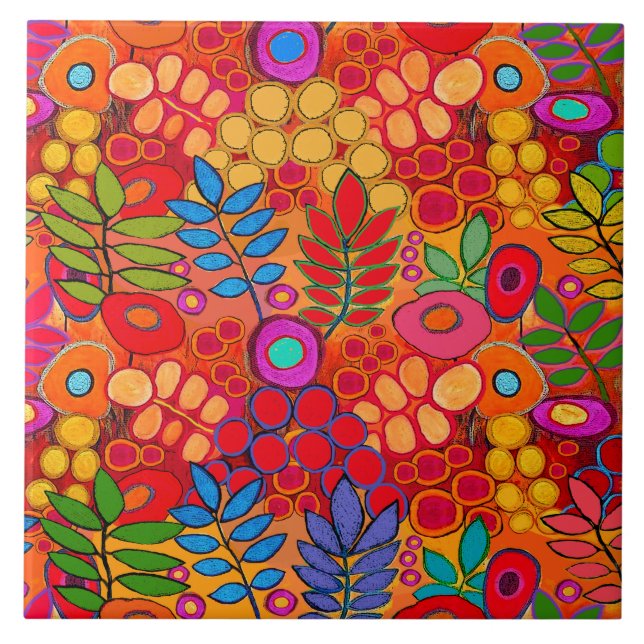 Sunny Garden Flowers - Red Yellow Orange Tile (Front)