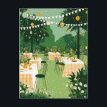 Sunny Garden Graduation Party Celebration Postcard<br><div class="desc">A charming outdoor graduation celebration set in a lush garden filled with daisies, greenery, and festive decorations. Long tables with yellow checkered cloths, warm hanging lights, and cheerful floral arrangements create a joyful atmosphere perfect for honoring a graduate. This bright and welcoming scene captures the excitement of achievement, friendship, and...</div>