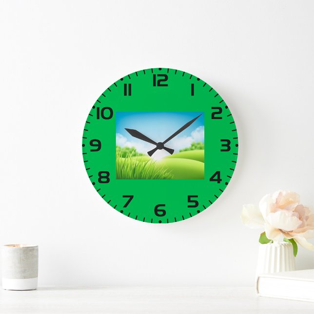 Sunny Green Field Landscape Large Clock (Creator Uploaded)