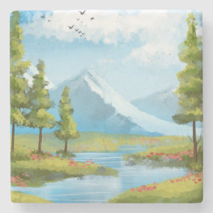 Sunny landscape with mountains stone coaster