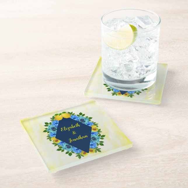 Sunny Lemon Floral Wedding Glass Coaster (Angled)