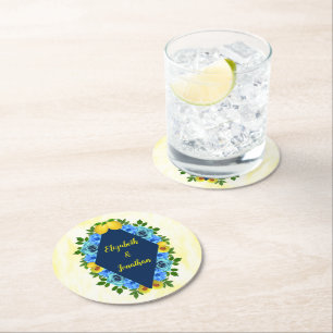 Sunny Lemon Floral Wedding Round Paper Coaster