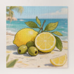 Sunny Lemon Olive Beachside Fresh Jigsaw Puzzle<br><div class="desc">Capture the essence of a Mediterranean seaside escape with this vibrant, cheerful illustration. Juicy yellow lemons — whole and sliced — shine brightly alongside plump green olives on a branch, all nestled on warm sandy shores with turquoise ocean waves and swaying palm trees in the background. The bright, zesty citrus...</div>