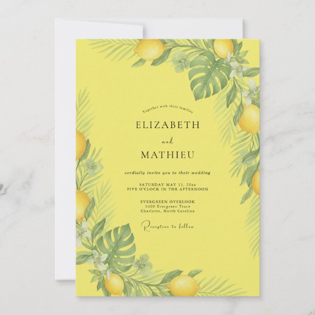 Sunny Lemon Tropical Eucalyptus Wedding Invitation (Front)