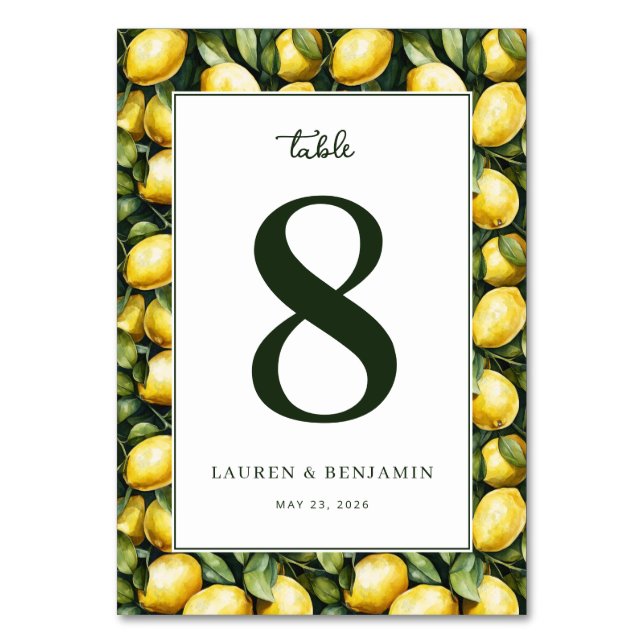 Sunny Lemon Wedding Table Number (Front)