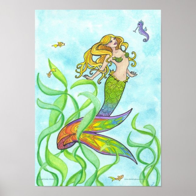 Sunny Mermaid + Fish fantasy art poster (Front)