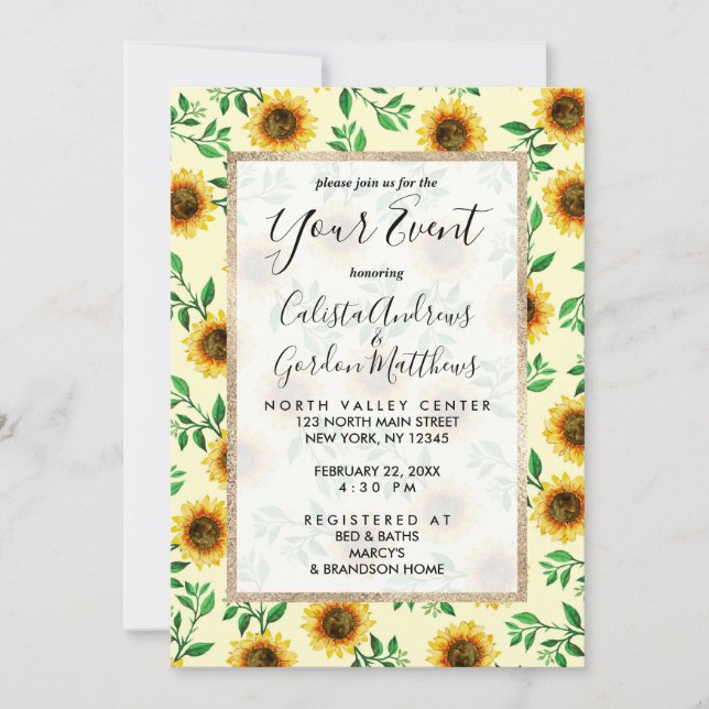 Sunny Neon Pastel Yellow Sunflowers Leaves Pattern Invitation (Front)