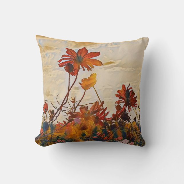 Sunny Orange Cosmos Flowers Impressionist Style Cushion (Front)