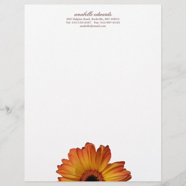 Sunny Orange gerbera daisy flower bloom personal Letterhead Design (Front)