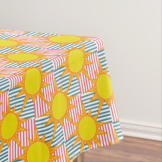 Sunny orange yellow suns white teal pink stripes  tablecloth