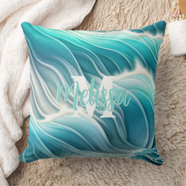 Sunny Pastel Ocean Waves Monogram Cushion (Blanket)