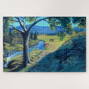 Sunny path to field and horses with foals jigsaw puzzle