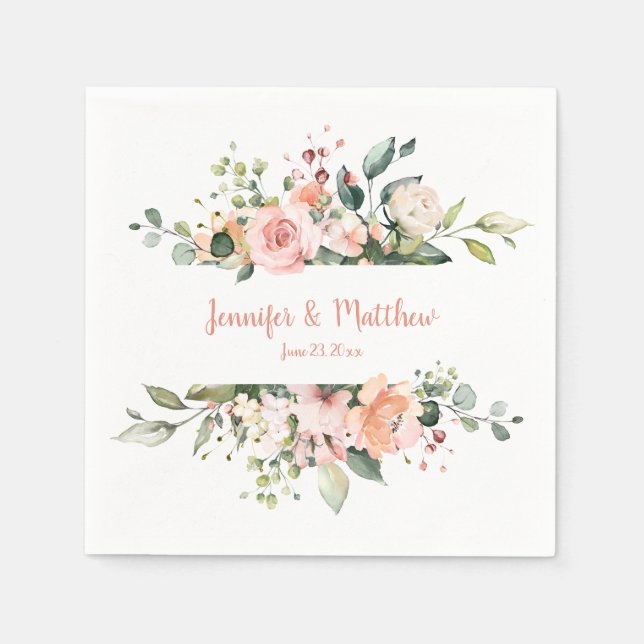 Sunny Peach Pink White Floral Wedding Napkins (Front)