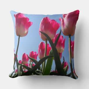 Sunny Pink Tulips Close Up Throw Pillow