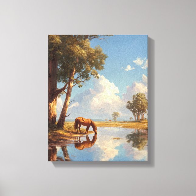 Sunny Pond Horse Reflection Painting Canvas Print (Front)