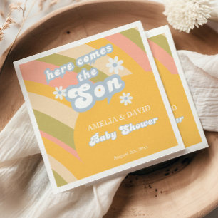 Sunny Retro Pastel Here Comes The Son Baby Shower Napkin