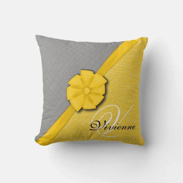 Sunny Ribbon, Two Tone Yellow Waves Grey Fabric Cushion (Front)