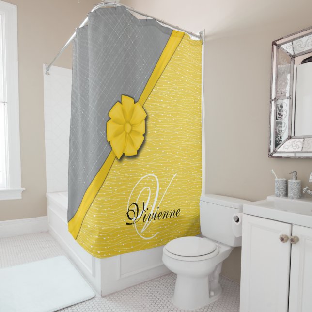 Sunny Ribbon, Two Tone Yellow Waves Grey Fabric Shower Curtain (In Situ)