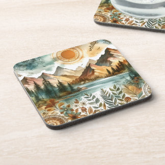 Sunny Rustic Boho Nature Pattern Mountain Lake Coaster