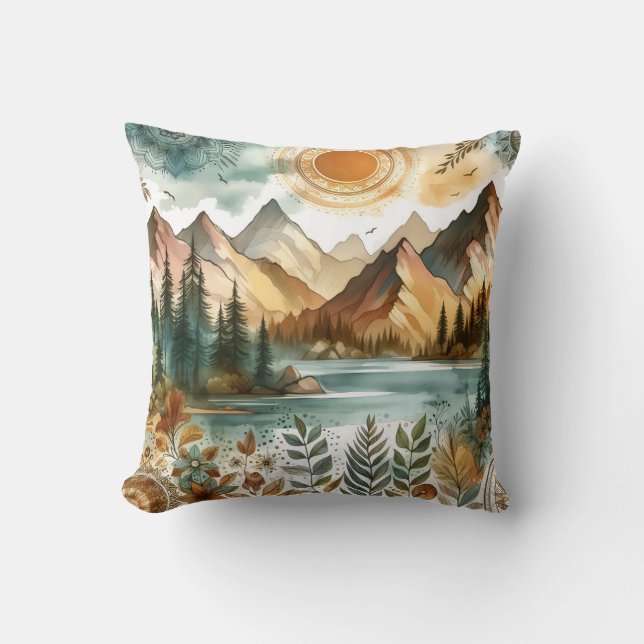 Sunny Rustic Boho Nature Pattern Mountain Lake Cushion (Front)