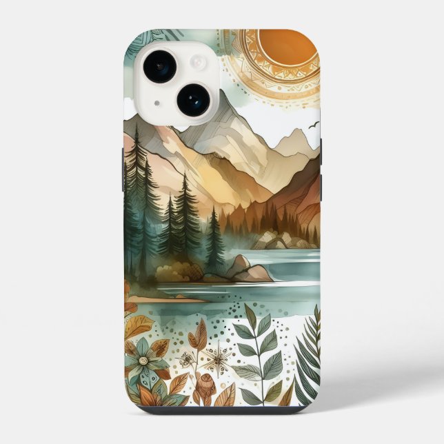 Sunny Rustic Boho Nature Pattern Mountain Lake iPhone Case (Back)