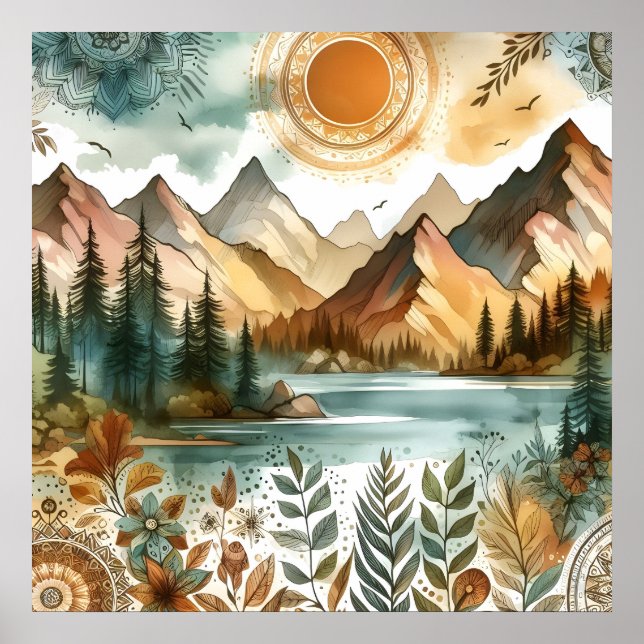 Sunny Rustic Boho Nature Pattern Mountain Lake Poster (Front)