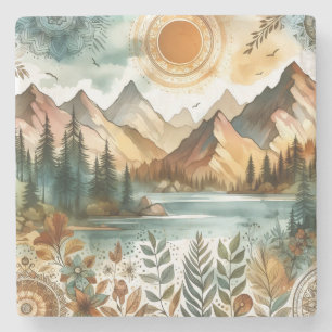 Sunny Rustic Boho Nature Pattern Mountain Lake Stone Coaster
