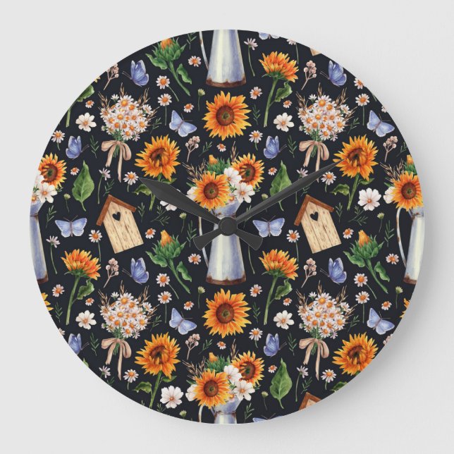 Sunny Rustic Watercolor Sunflowers Pattern Large Clock (Front)