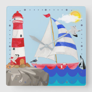 Sunny Sailing Ocean Adventure Sailboat Lighthouse Square Wall Clock