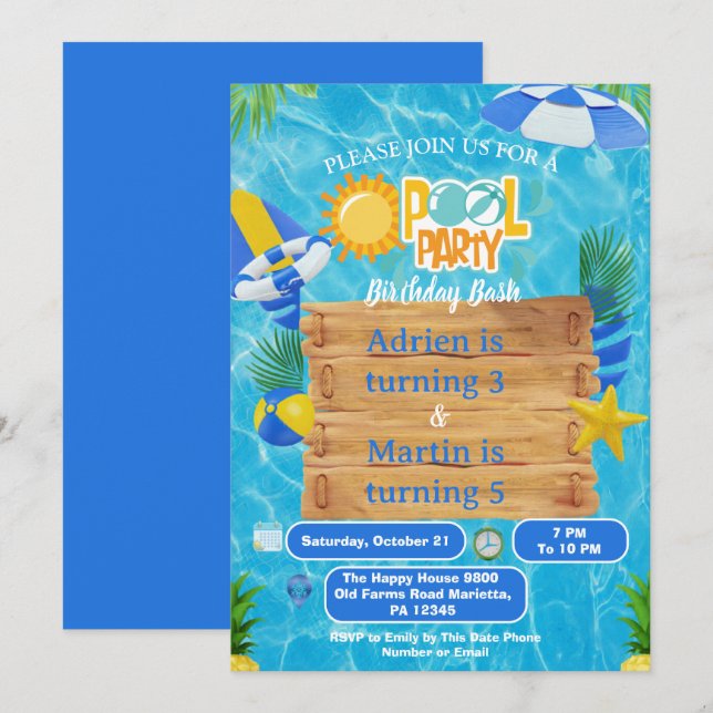 Sunny Splash Joint Pool Party  For Kids  Invitation (Front/Back)
