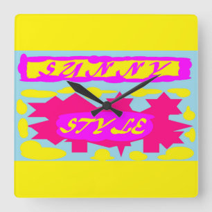SUNNY STYLE DEEP PINK CANARY YELLOW AND SKY BLUE SQUARE WALL CLOCK