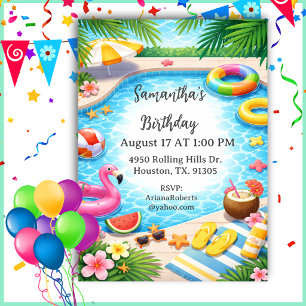 Sunny Summer Birthday Pool Party Birthday Invitation