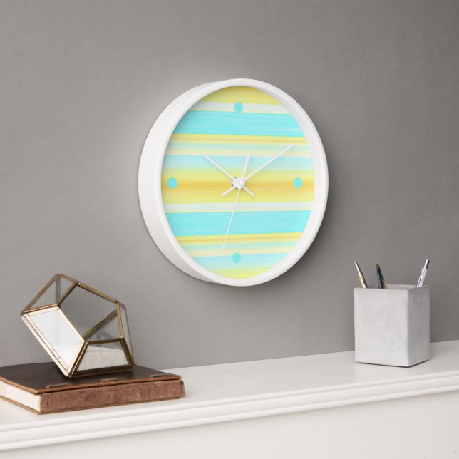 Sunny Summer Yellow Aqua Blue Watercolor Stripes Clock (Office)