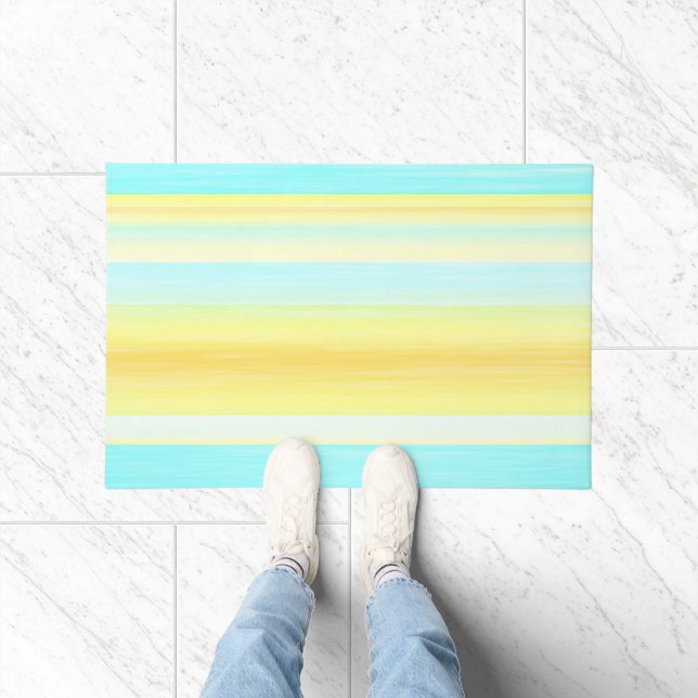 Sunny Summer Yellow Aqua Blue Watercolor Stripes Doormat (Indoor)