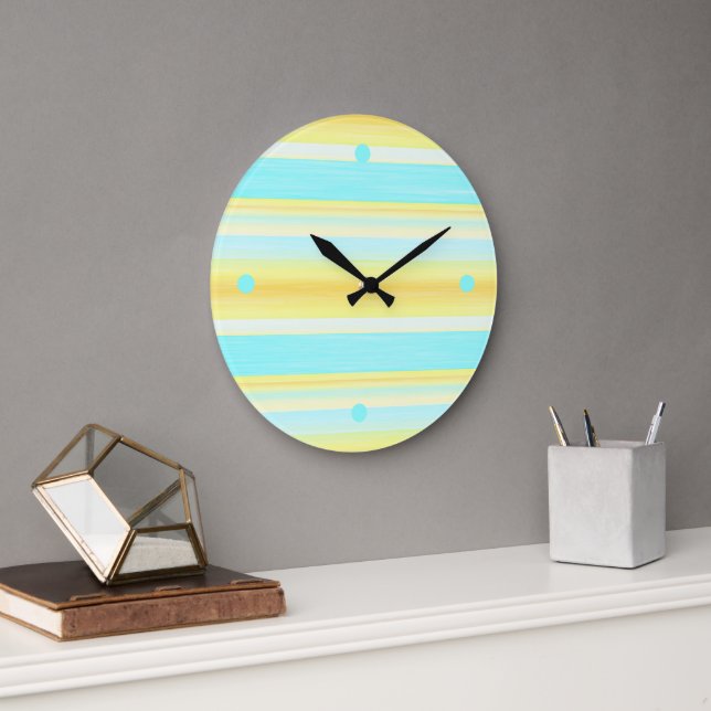 Sunny Summer Yellow Aqua Blue Watercolor Stripes Large Clock (Office)