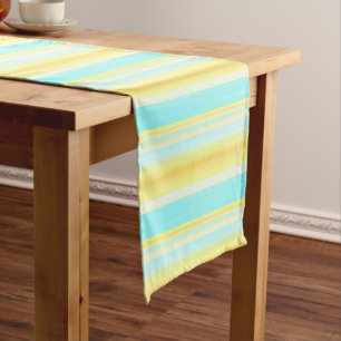 Sunny Summer Yellow Aqua Blue Watercolor Stripes Short Table Runner