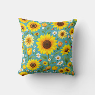 Sunny Sunflower and Daisy Meadow Pattern Cushion