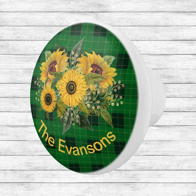 Sunny Sunflower Bouquet on Green Plaid Ceramic Knob (Creator Uploaded)