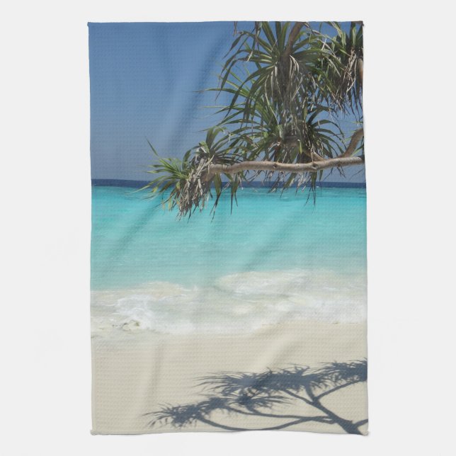 Sunny Tropical Beach Ocean Paradise Tea Towel (Vertical)