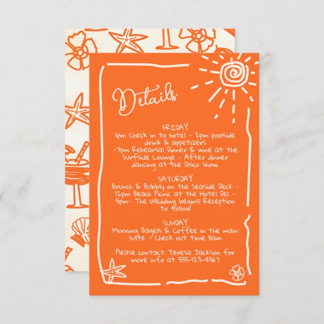 Sunny Tropical Hand drawn Wedding Details Info Invitation (Front/Back)