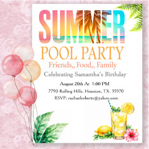 Sunny Tropical Summer Pool Party Birthday Invitation