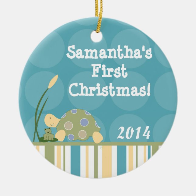 Sunny Turtle Pond Lake Personalised Name Ornament (Front)