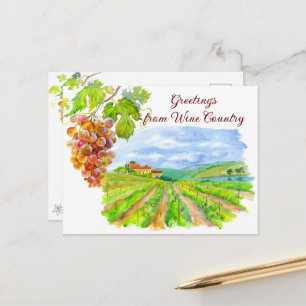 Sunny Vineyard & Grapes – Watercolor Wine Country Postcard