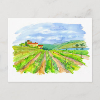 Sunny Vineyard with Lake Watercolor Landscape Postcard