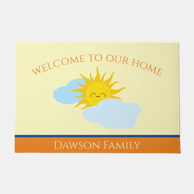Sunny Warm Smile Yellow: Editable Family Name Doormat (Front)