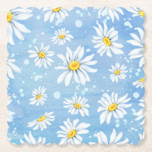 Sunny White Daisies on Blue Paper Coaster