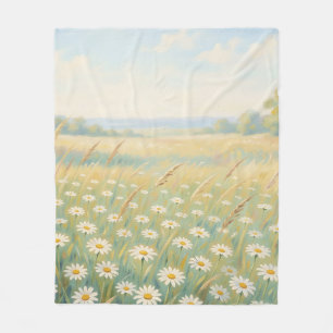 Sunny White Daisy Meadow Wildflower Field Fleece Blanket