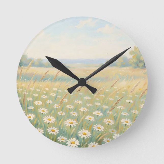 Sunny White Daisy Meadow Wildflower Field Round Clock (Front)